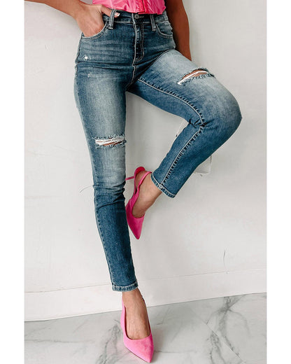 Blue Distressed Ripped Skinny Jeans - 14 US